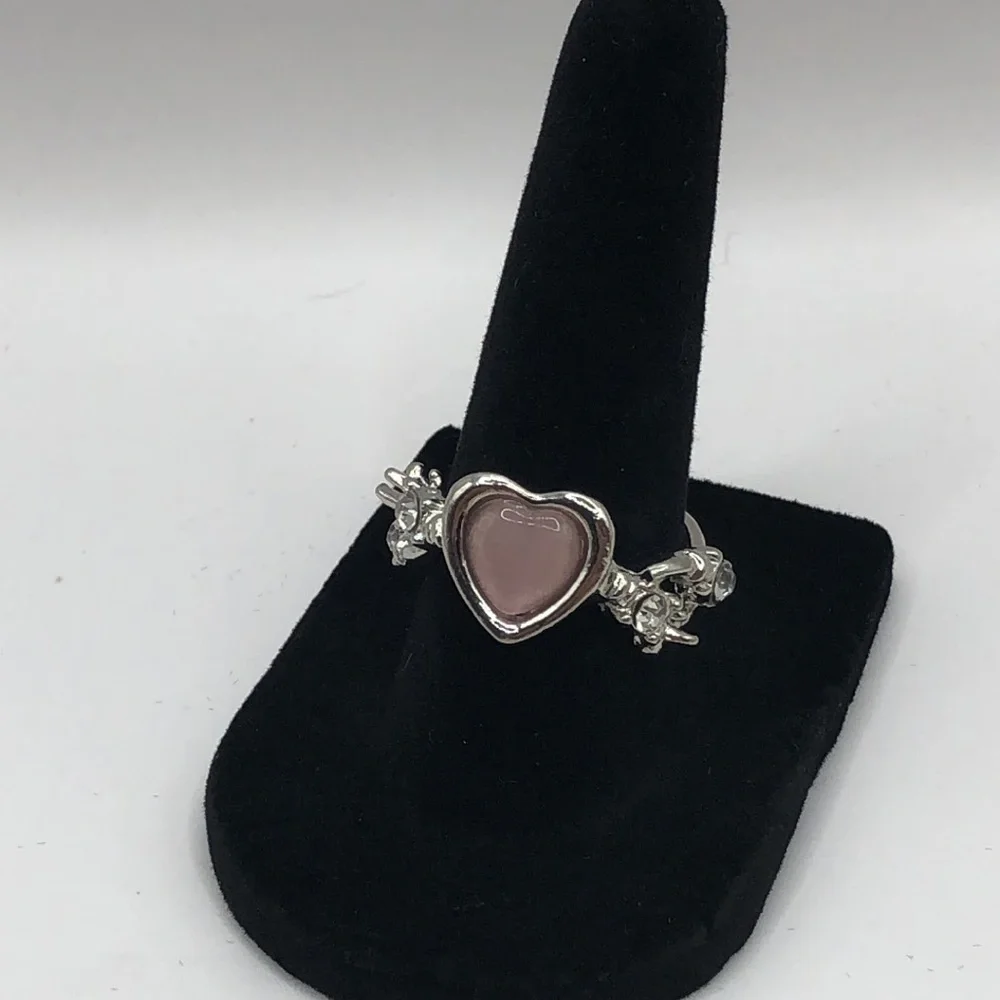 3/$25 Chunky Pink Heart Adjustable Ring Rhinestones Brutalist Whimsigoth